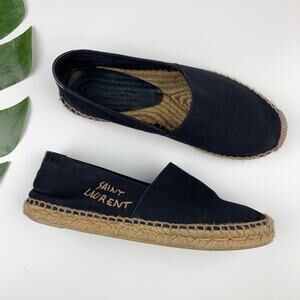 Saint Laurent YSL Espadrille Flats Black Canvas Logo Women's 38.5 US 8.5